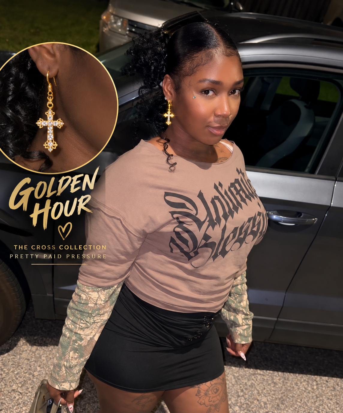 Founder wearing Golden Hour earrings