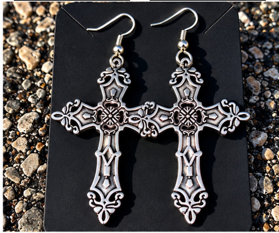 Rockstar ornate silver cross earrings