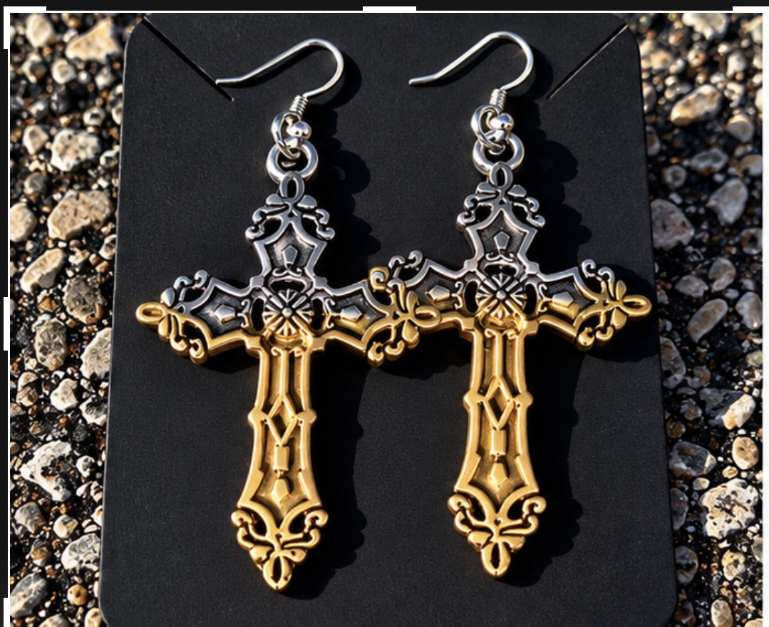 RockGold silver and gold two-tone cross earrings